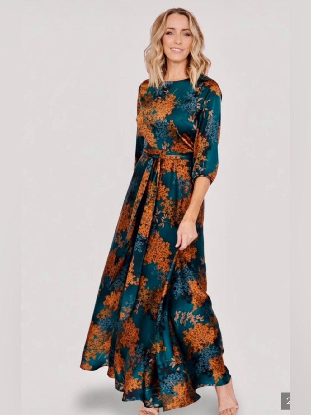 Baltic Born Teal Maxi Dress with Rust Floral Print, Tie Belt and Qt Sleeves